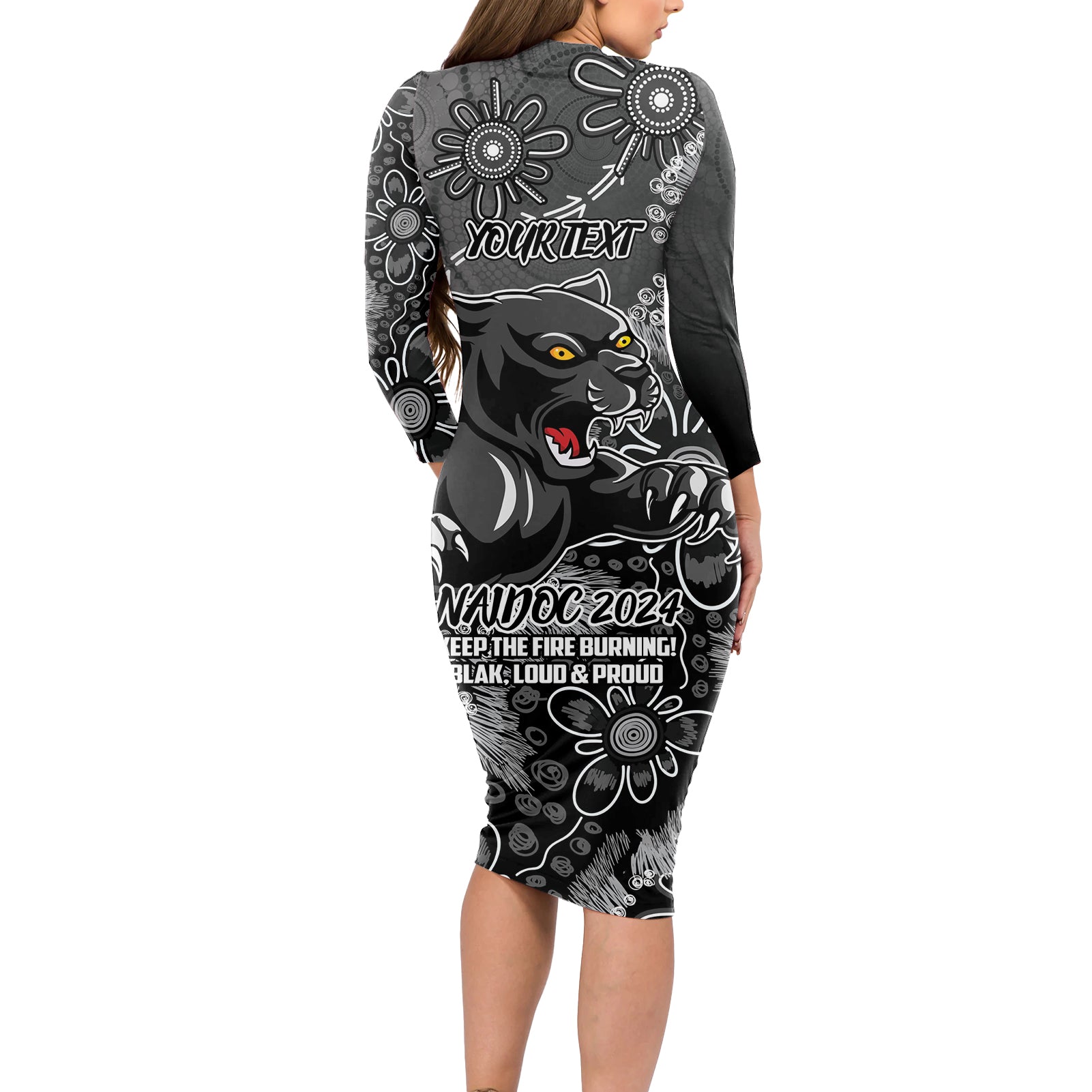Personalised Panthers NAIDOC Week 2024 Long Sleeve Bodycon Dress Aboriginal Fire Burning Sparks