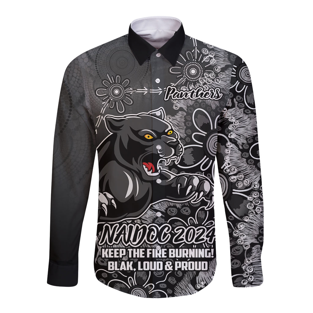 Personalised Panthers NAIDOC Week 2024 Long Sleeve Button Shirt Aboriginal Fire Burning Sparks