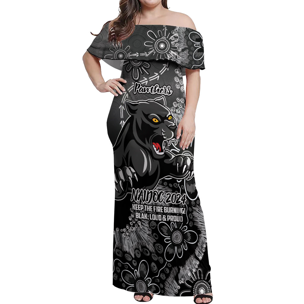 Personalised Panthers NAIDOC Week 2024 Off Shoulder Maxi Dress Aboriginal Fire Burning Sparks