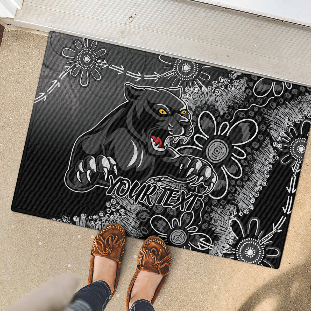 Personalised Panthers NAIDOC Week 2024 Rubber Doormat Aboriginal Fire Burning Sparks