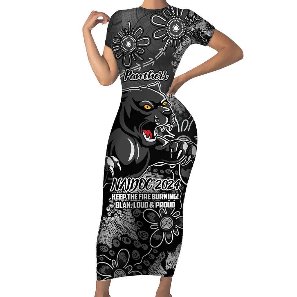 Personalised Panthers NAIDOC Week 2024 Short Sleeve Bodycon Dress Aboriginal Fire Burning Sparks