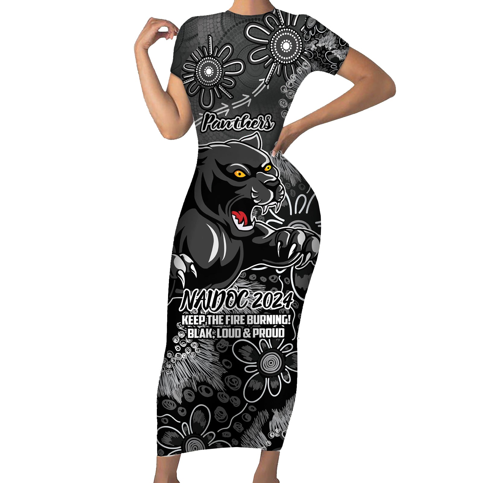 Personalised Panthers NAIDOC Week 2024 Short Sleeve Bodycon Dress Aboriginal Fire Burning Sparks