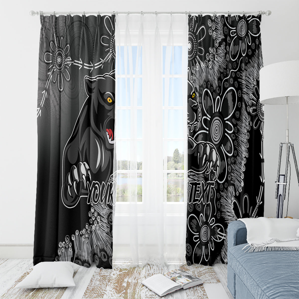Personalised Panthers NAIDOC Week 2024 Window Curtain Aboriginal Fire Burning Sparks