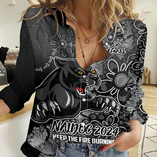 Personalised Panthers NAIDOC Week 2024 Women Casual Shirt Aboriginal Fire Burning Sparks