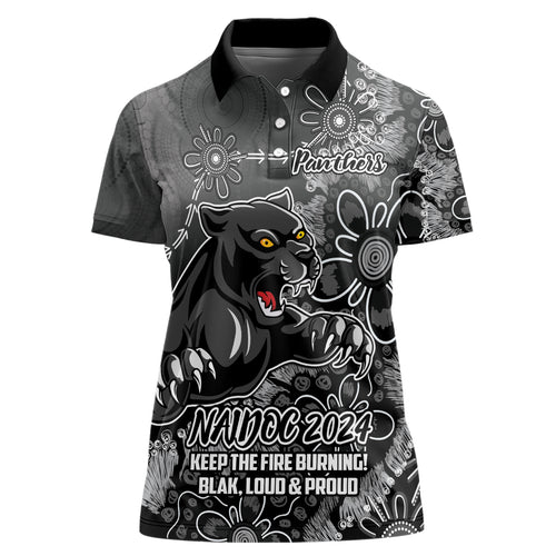 Personalised Panthers NAIDOC Week 2024 Women Polo Shirt Aboriginal Fire Burning Sparks