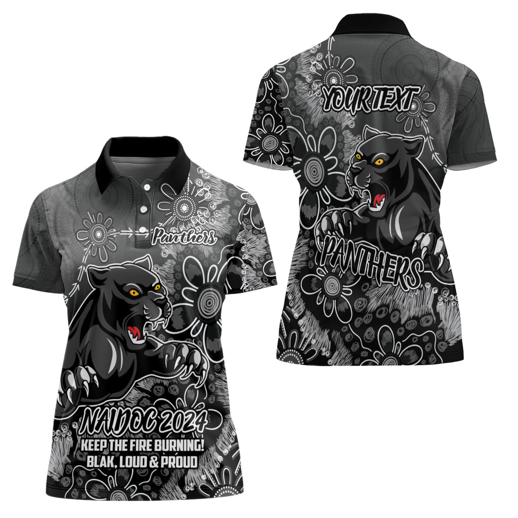 Personalised Panthers NAIDOC Week 2024 Women Polo Shirt Aboriginal Fire Burning Sparks