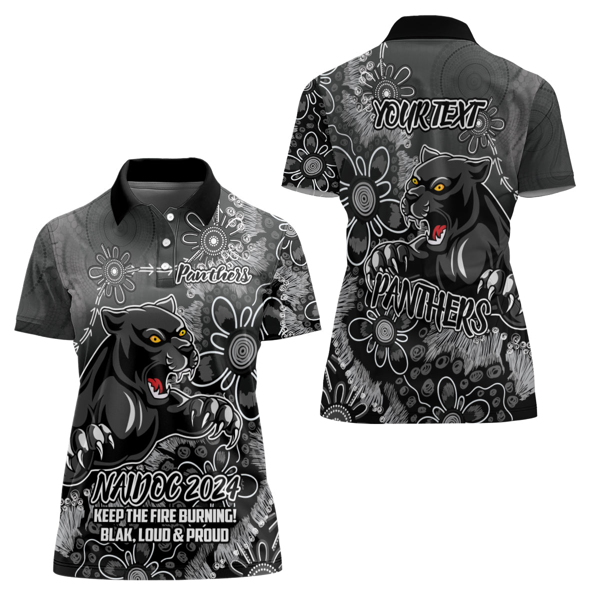 Personalised Panthers NAIDOC Week 2024 Women Polo Shirt Aboriginal Fire Burning Sparks