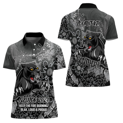 Personalised Panthers NAIDOC Week 2024 Women Polo Shirt Aboriginal Fire Burning Sparks