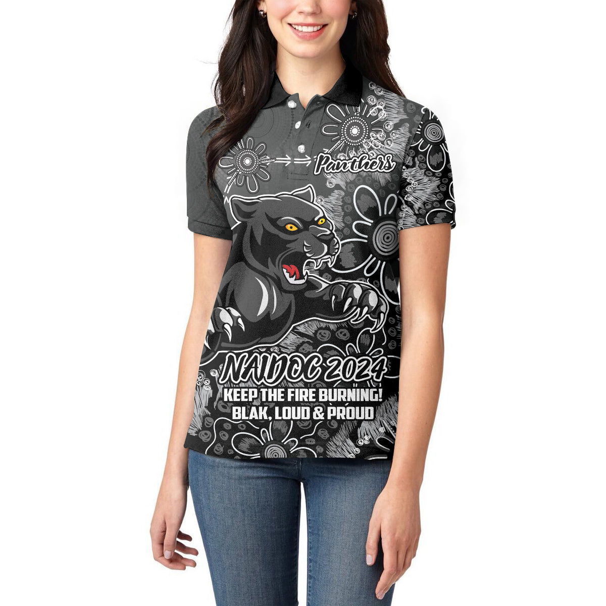 Personalised Panthers NAIDOC Week 2024 Women Polo Shirt Aboriginal Fire Burning Sparks