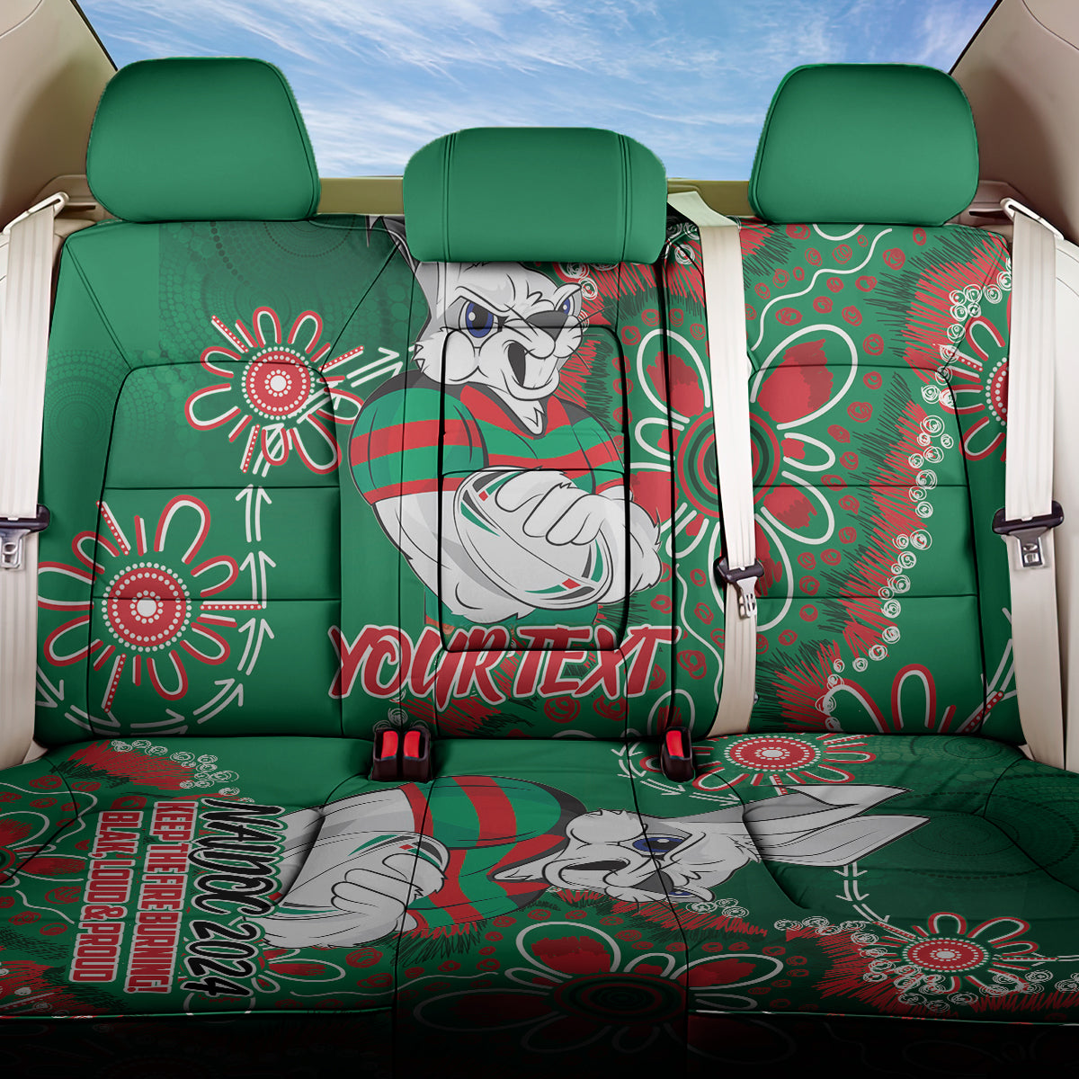 Personalised Rabbitohs NAIDOC Week 2024 Back Car Seat Cover Aboriginal Fire Burning Sparks