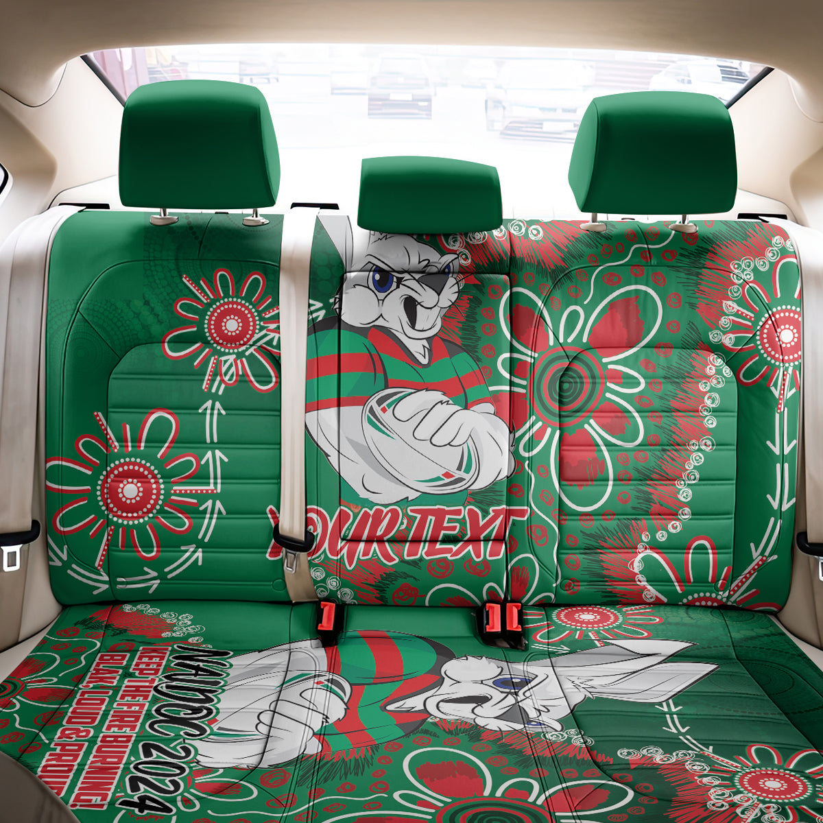 Personalised Rabbitohs NAIDOC Week 2024 Back Car Seat Cover Aboriginal Fire Burning Sparks