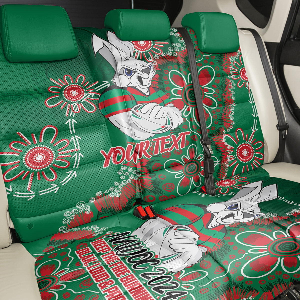 Personalised Rabbitohs NAIDOC Week 2024 Back Car Seat Cover Aboriginal Fire Burning Sparks