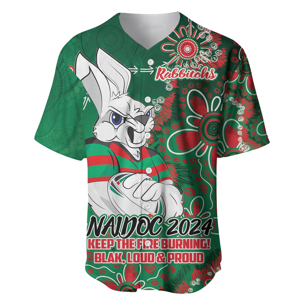 Personalised Rabbitohs NAIDOC Week 2024 Baseball Jersey Aboriginal Fire Burning Sparks