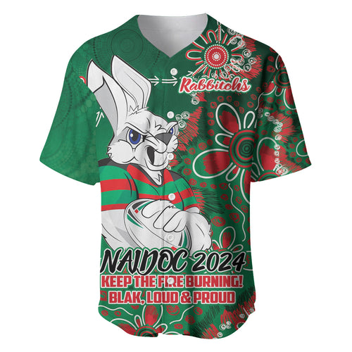 Personalised Rabbitohs NAIDOC Week 2024 Baseball Jersey Aboriginal Fire Burning Sparks