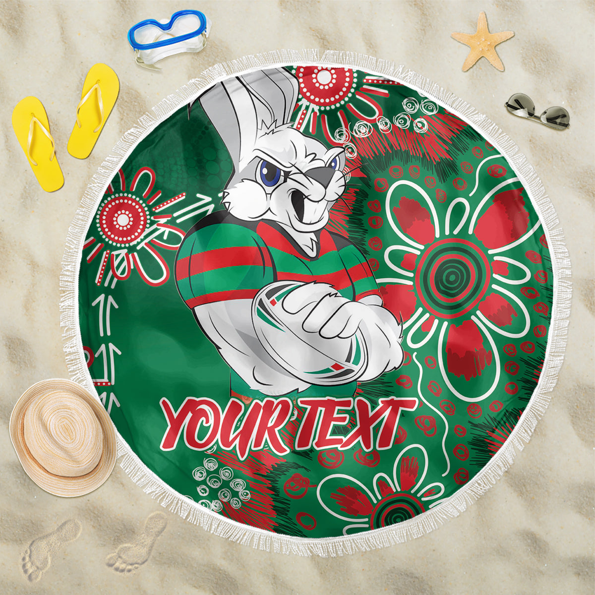 Personalised Rabbitohs NAIDOC Week 2024 Beach Blanket Aboriginal Fire Burning Sparks