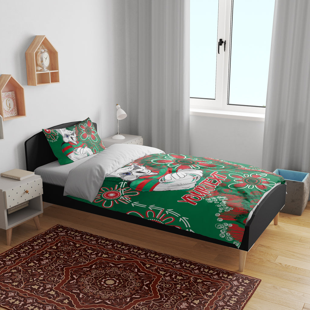 Personalised Rabbitohs NAIDOC Week 2024 Bedding Set Aboriginal Fire Burning Sparks