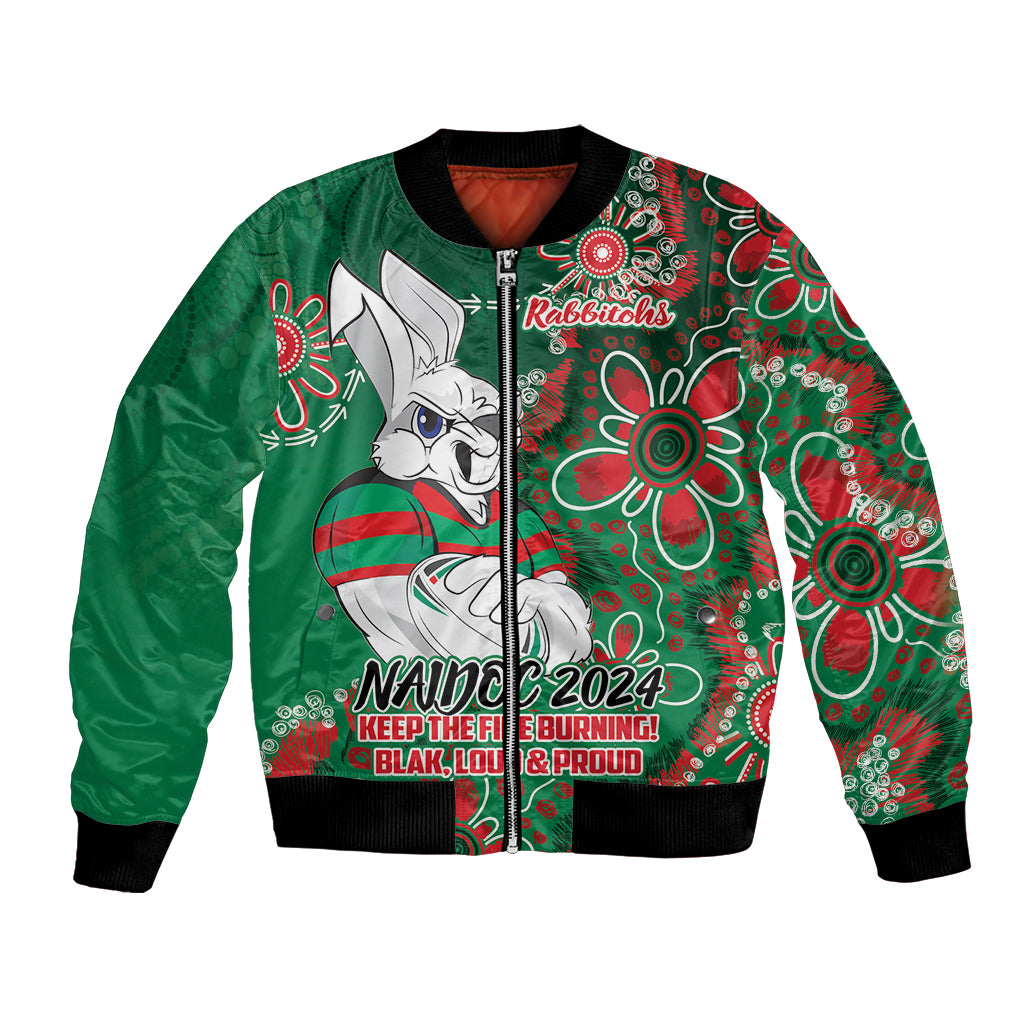 Personalised Rabbitohs NAIDOC Week 2024 Bomber Jacket Aboriginal Fire Burning Sparks