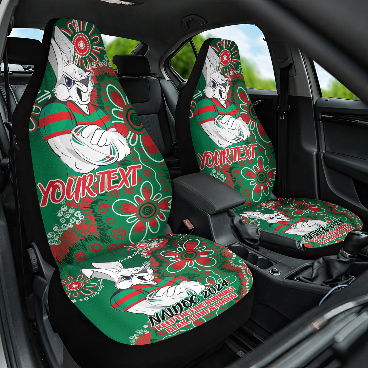 Personalised Rabbitohs NAIDOC Week 2024 Car Seat Cover Aboriginal Fire Burning Sparks