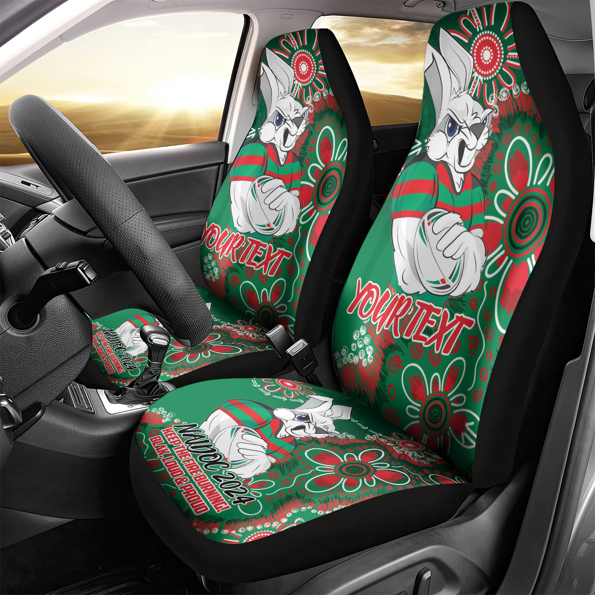 Personalised Rabbitohs NAIDOC Week 2024 Car Seat Cover Aboriginal Fire Burning Sparks