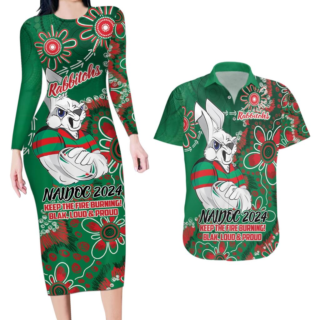 Personalised Rabbitohs NAIDOC Week 2024 Couples Matching Long Sleeve Bodycon Dress and Hawaiian Shirt Aboriginal Fire Burning Sparks