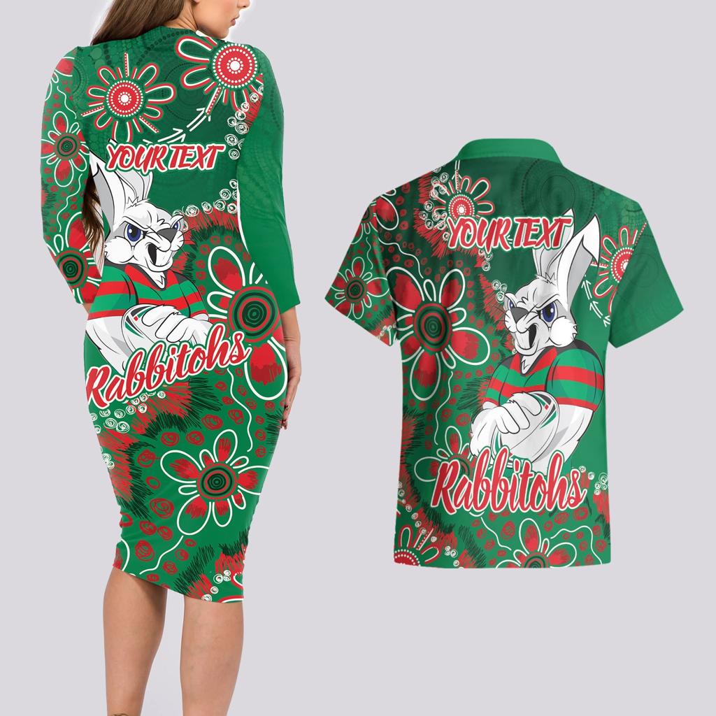 Personalised Rabbitohs NAIDOC Week 2024 Couples Matching Long Sleeve Bodycon Dress and Hawaiian Shirt Aboriginal Fire Burning Sparks
