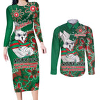 Personalised Rabbitohs NAIDOC Week 2024 Couples Matching Long Sleeve Bodycon Dress and Long Sleeve Button Shirt Aboriginal Fire Burning Sparks