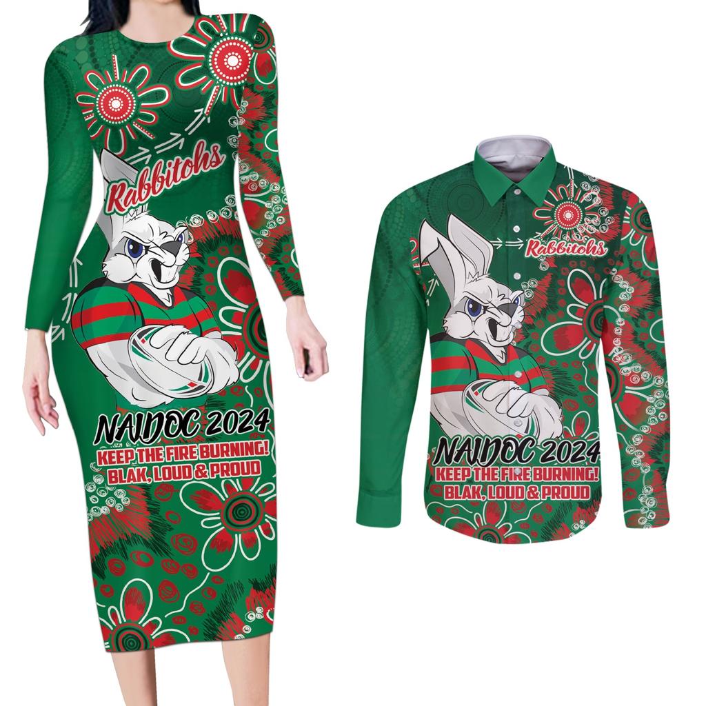 Personalised Rabbitohs NAIDOC Week 2024 Couples Matching Long Sleeve Bodycon Dress and Long Sleeve Button Shirt Aboriginal Fire Burning Sparks