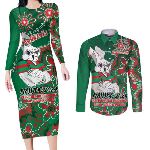 Personalised Rabbitohs NAIDOC Week 2024 Couples Matching Long Sleeve Bodycon Dress and Long Sleeve Button Shirt Aboriginal Fire Burning Sparks