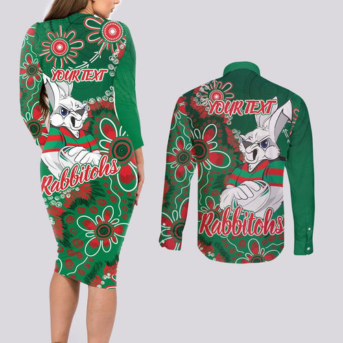 Personalised Rabbitohs NAIDOC Week 2024 Couples Matching Long Sleeve Bodycon Dress and Long Sleeve Button Shirt Aboriginal Fire Burning Sparks