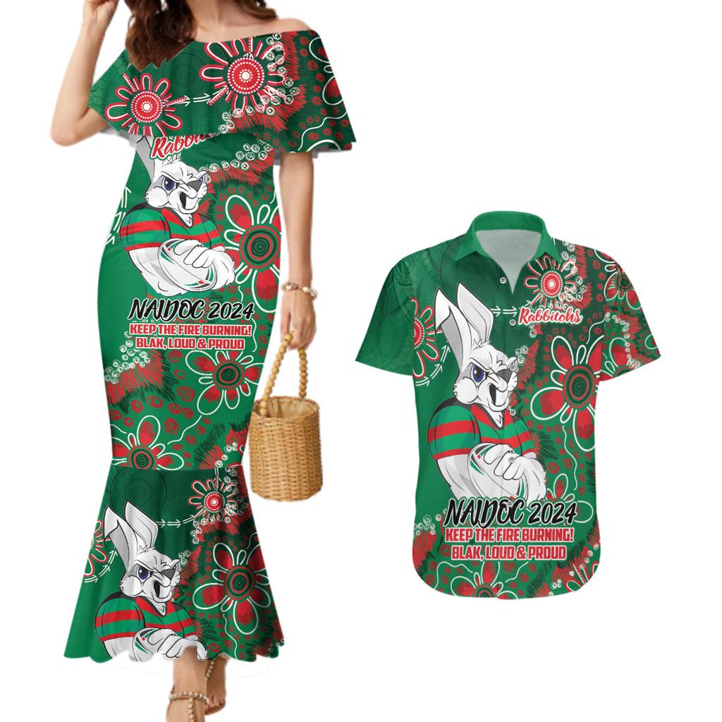 Personalised Rabbitohs NAIDOC Week 2024 Couples Matching Mermaid Dress and Hawaiian Shirt Aboriginal Fire Burning Sparks