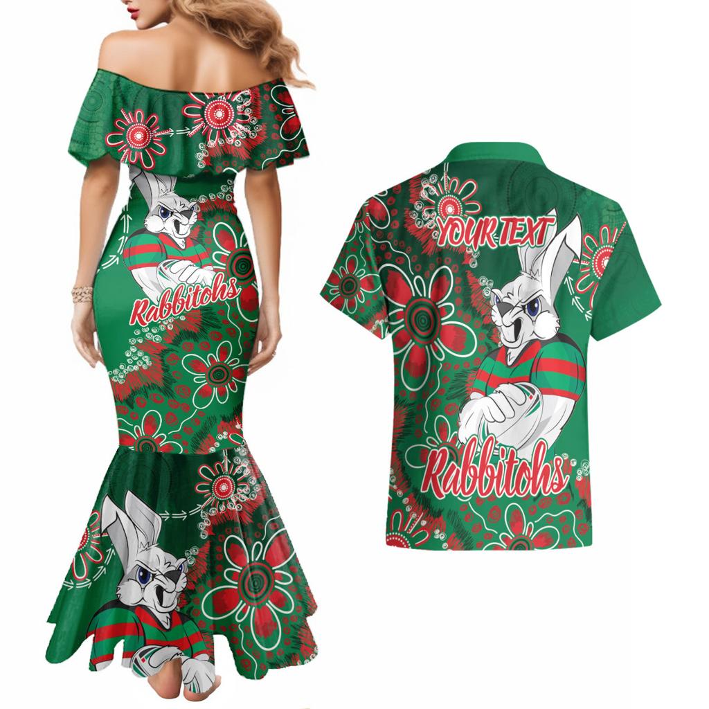 Personalised Rabbitohs NAIDOC Week 2024 Couples Matching Mermaid Dress and Hawaiian Shirt Aboriginal Fire Burning Sparks