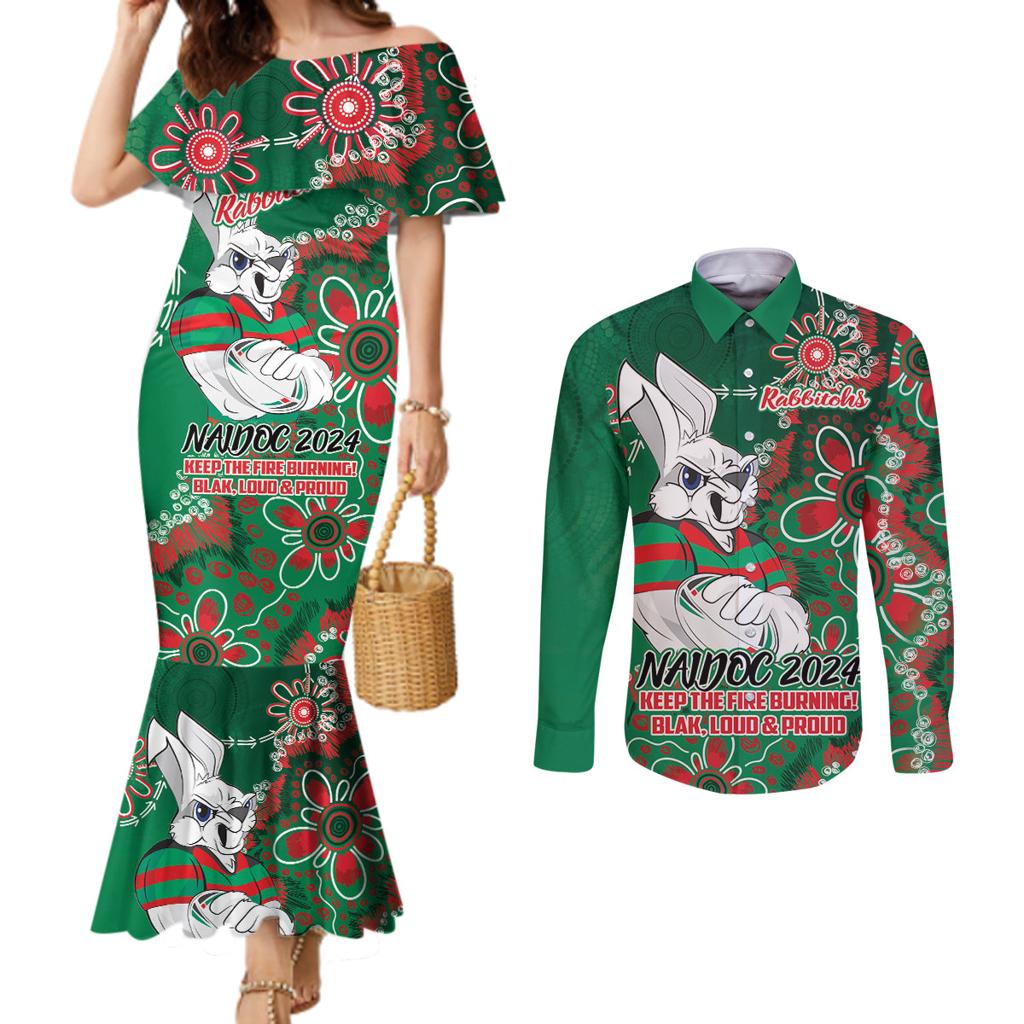 Personalised Rabbitohs NAIDOC Week 2024 Couples Matching Mermaid Dress and Long Sleeve Button Shirt Aboriginal Fire Burning Sparks