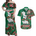 Personalised Rabbitohs NAIDOC Week 2024 Couples Matching Off Shoulder Maxi Dress and Hawaiian Shirt Aboriginal Fire Burning Sparks
