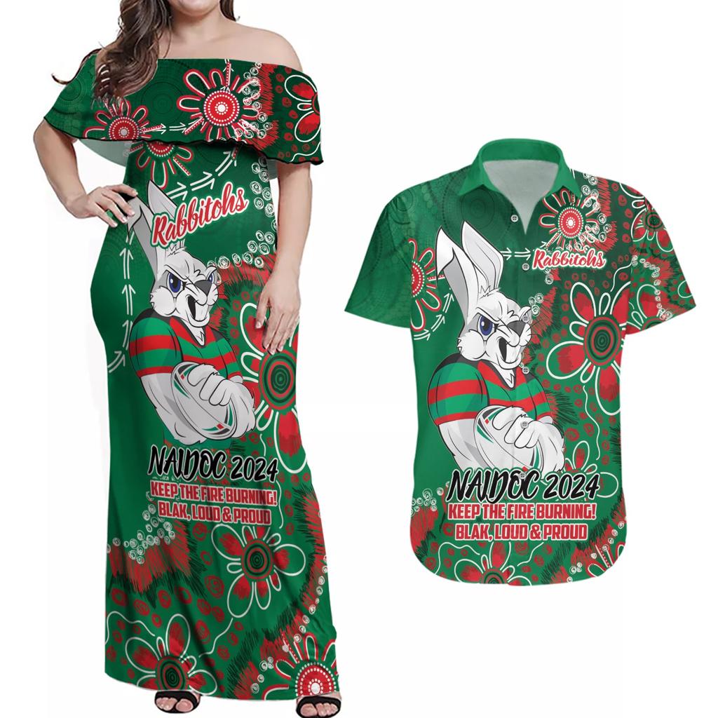 Personalised Rabbitohs NAIDOC Week 2024 Couples Matching Off Shoulder Maxi Dress and Hawaiian Shirt Aboriginal Fire Burning Sparks