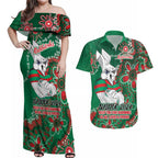 Personalised Rabbitohs NAIDOC Week 2024 Couples Matching Off Shoulder Maxi Dress and Hawaiian Shirt Aboriginal Fire Burning Sparks