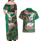 Personalised Rabbitohs NAIDOC Week 2024 Couples Matching Off Shoulder Maxi Dress and Hawaiian Shirt Aboriginal Fire Burning Sparks