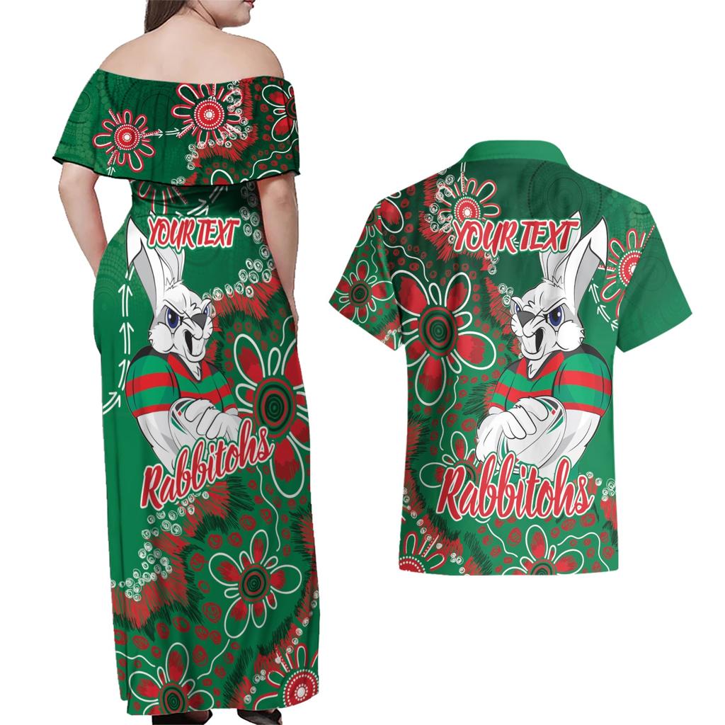 Personalised Rabbitohs NAIDOC Week 2024 Couples Matching Off Shoulder Maxi Dress and Hawaiian Shirt Aboriginal Fire Burning Sparks