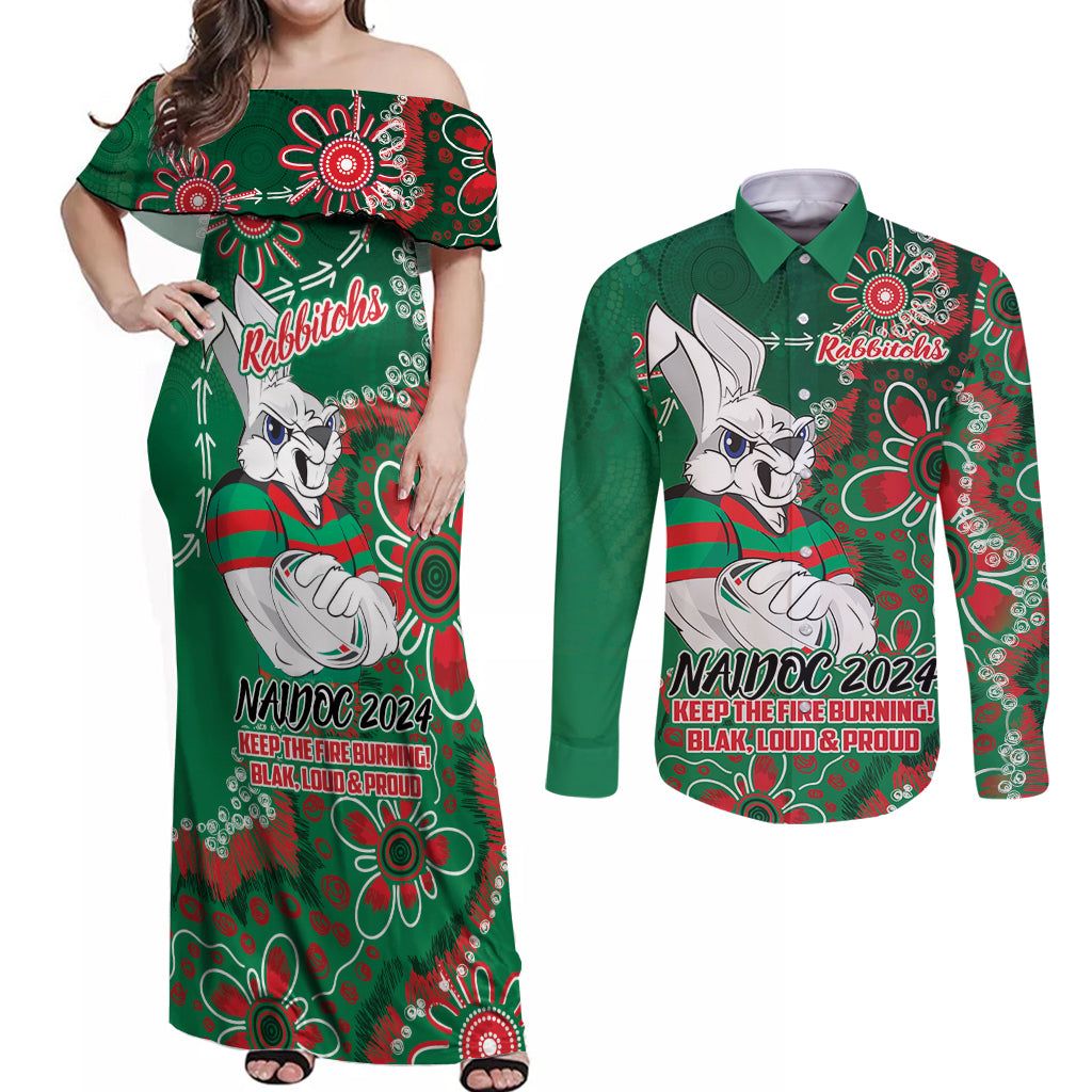 Personalised Rabbitohs NAIDOC Week 2024 Couples Matching Off Shoulder Maxi Dress and Long Sleeve Button Shirt Aboriginal Fire Burning Sparks