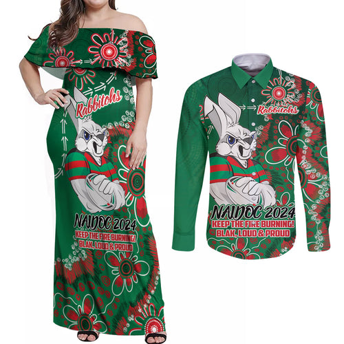 Personalised Rabbitohs NAIDOC Week 2024 Couples Matching Off Shoulder Maxi Dress and Long Sleeve Button Shirt Aboriginal Fire Burning Sparks