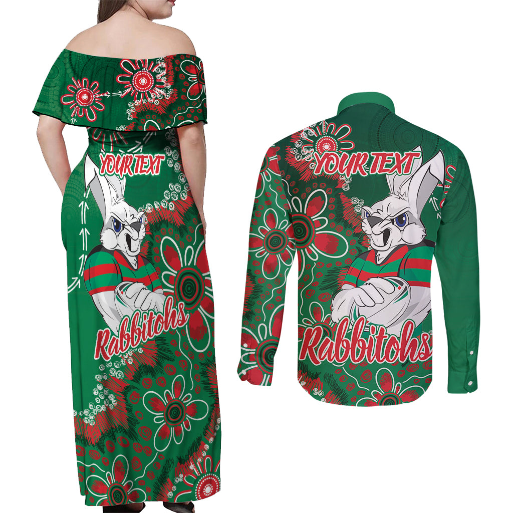 Personalised Rabbitohs NAIDOC Week 2024 Couples Matching Off Shoulder Maxi Dress and Long Sleeve Button Shirt Aboriginal Fire Burning Sparks
