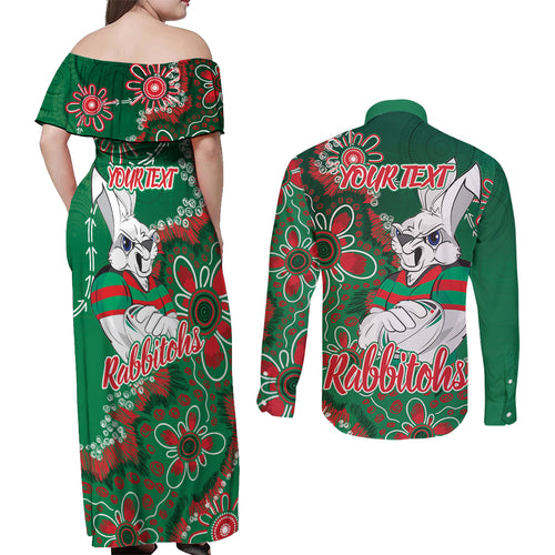 Personalised Rabbitohs NAIDOC Week 2024 Couples Matching Off Shoulder Maxi Dress and Long Sleeve Button Shirt Aboriginal Fire Burning Sparks
