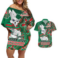 Personalised Rabbitohs NAIDOC Week 2024 Couples Matching Off Shoulder Short Dress and Hawaiian Shirt Aboriginal Fire Burning Sparks