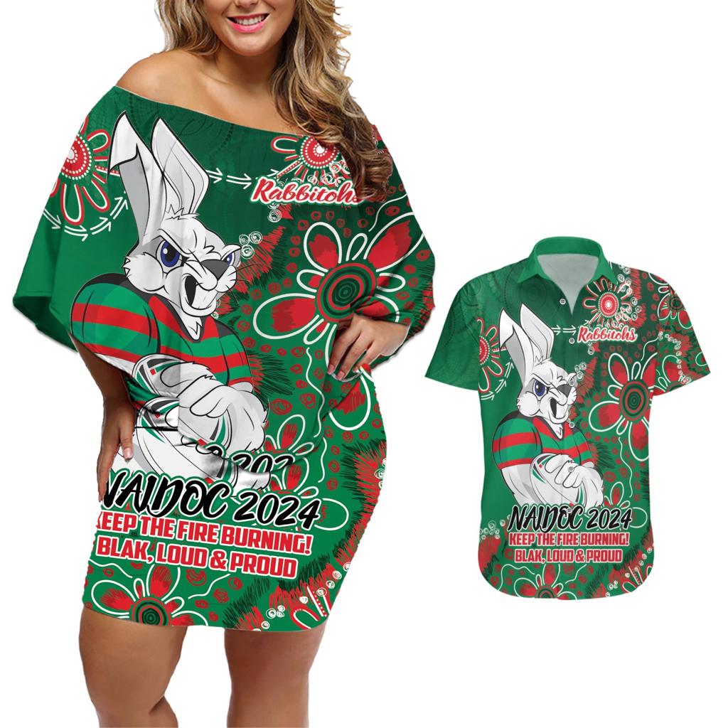 Personalised Rabbitohs NAIDOC Week 2024 Couples Matching Off Shoulder Short Dress and Hawaiian Shirt Aboriginal Fire Burning Sparks