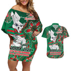 Personalised Rabbitohs NAIDOC Week 2024 Couples Matching Off Shoulder Short Dress and Hawaiian Shirt Aboriginal Fire Burning Sparks