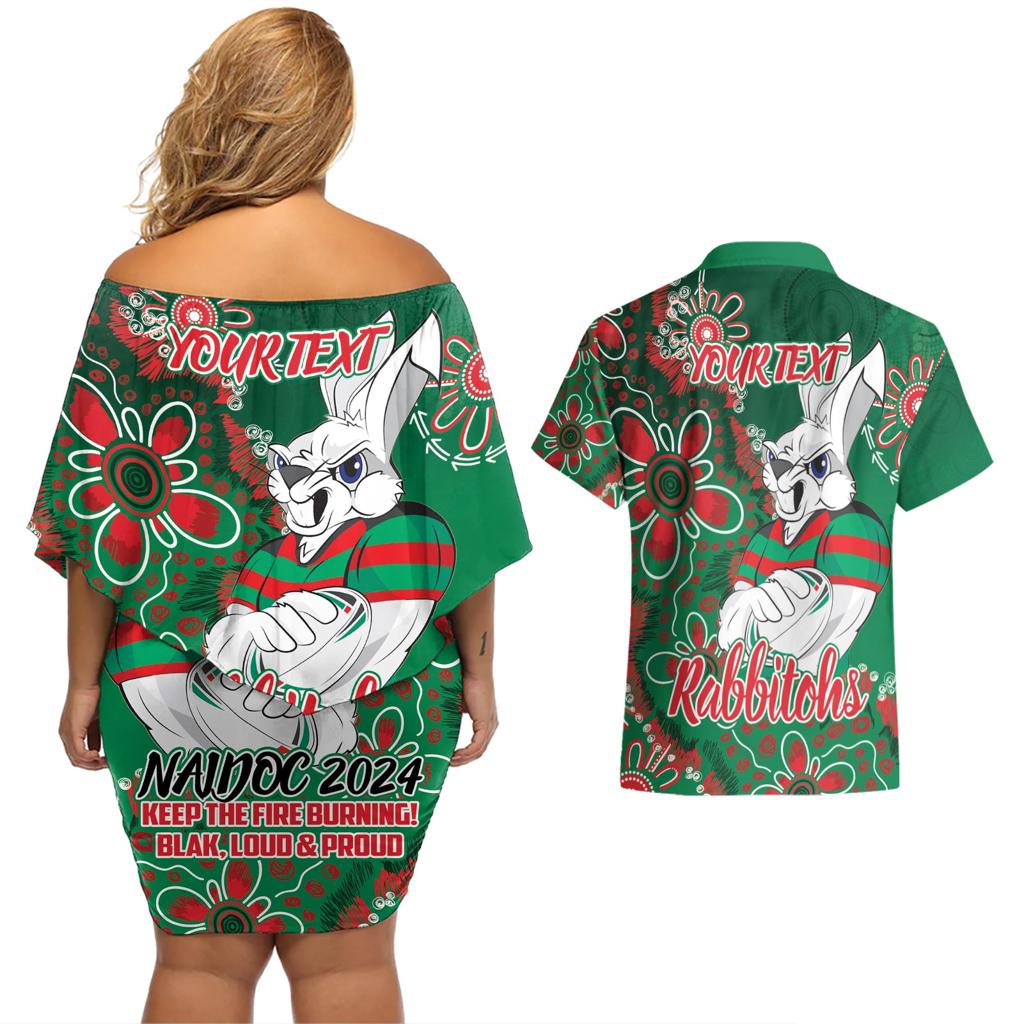 Personalised Rabbitohs NAIDOC Week 2024 Couples Matching Off Shoulder Short Dress and Hawaiian Shirt Aboriginal Fire Burning Sparks