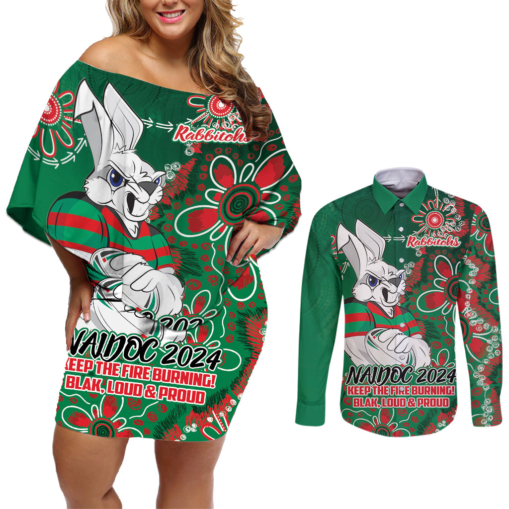 Personalised Rabbitohs NAIDOC Week 2024 Couples Matching Off Shoulder Short Dress and Long Sleeve Button Shirt Aboriginal Fire Burning Sparks