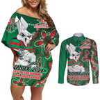 Personalised Rabbitohs NAIDOC Week 2024 Couples Matching Off Shoulder Short Dress and Long Sleeve Button Shirt Aboriginal Fire Burning Sparks
