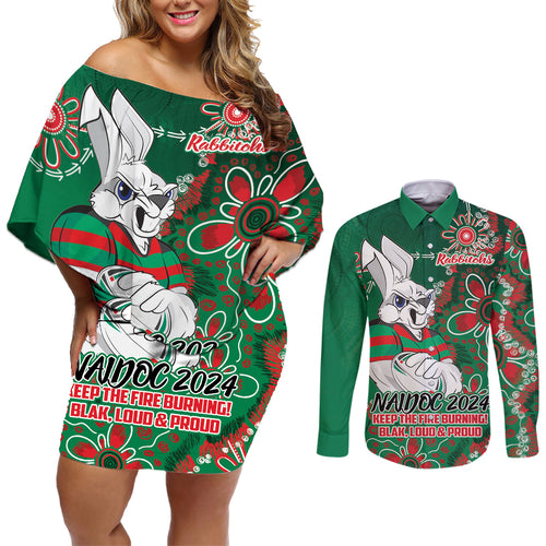 Personalised Rabbitohs NAIDOC Week 2024 Couples Matching Off Shoulder Short Dress and Long Sleeve Button Shirt Aboriginal Fire Burning Sparks