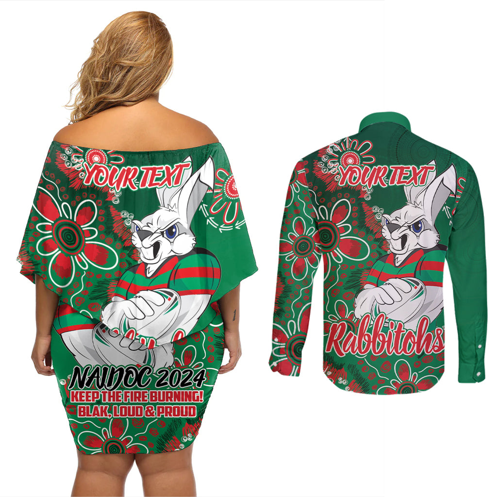 Personalised Rabbitohs NAIDOC Week 2024 Couples Matching Off Shoulder Short Dress and Long Sleeve Button Shirt Aboriginal Fire Burning Sparks