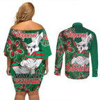 Personalised Rabbitohs NAIDOC Week 2024 Couples Matching Off Shoulder Short Dress and Long Sleeve Button Shirt Aboriginal Fire Burning Sparks